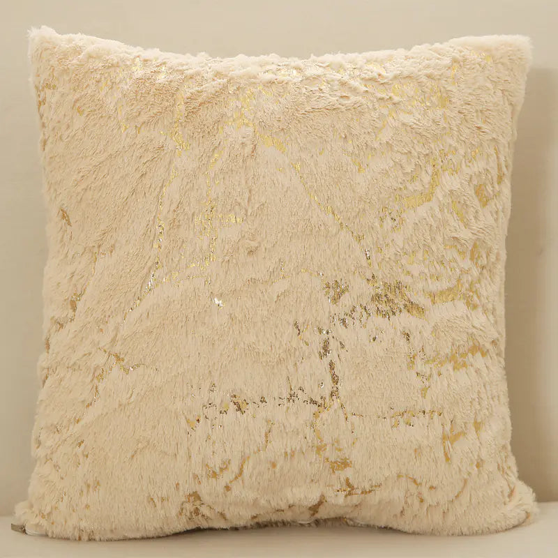 Beige Luxury plush velvet cushion cover with gold trim detail for sofa and living room decor A