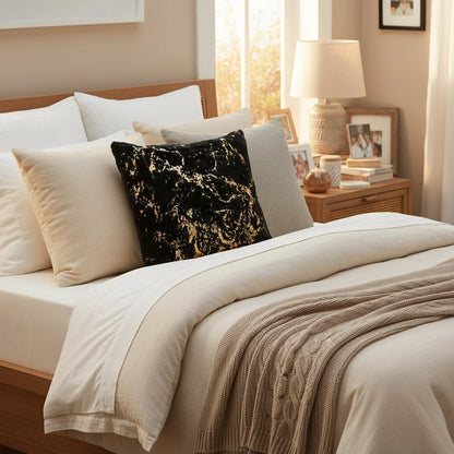 Black Luxury plush velvet cushion cover with gold trim detail for sofa and living room decor