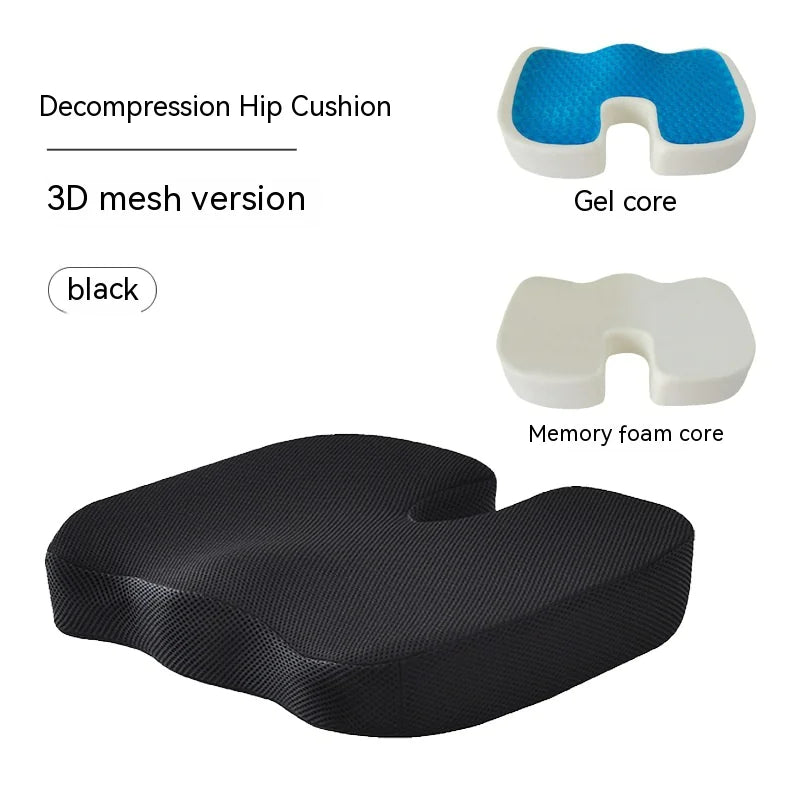 Ergonomic memory foam office chair cushion with modern design providing lumbar and hip support for comfortable extended sitting. Decompression hip cushion with gel and memory foam cores on a white background