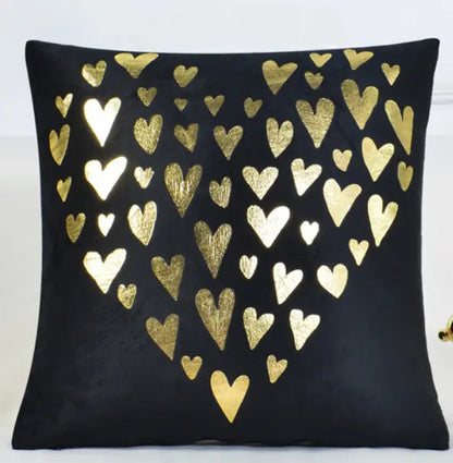 Black and gold heart velvet cushion cover 45x45cm on sofa with luxurious soft texture for home decor 3