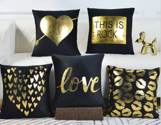 Black and gold heart velvet cushion cover 45x45cm on sofa with luxurious soft texture for home decor 6