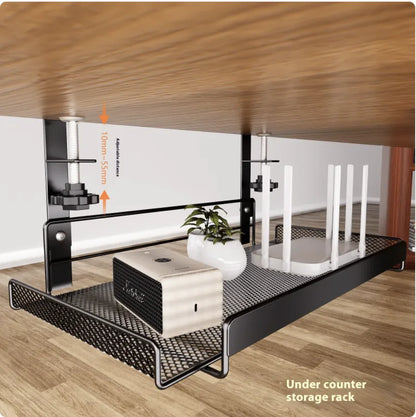Under counter storage rack with a plant and box on a wooden floor.