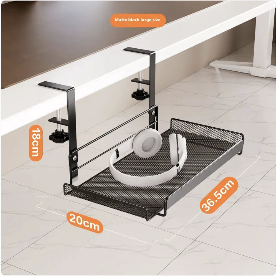 Black carbon steel under desk storage rack mounted beneath white desk without drilling