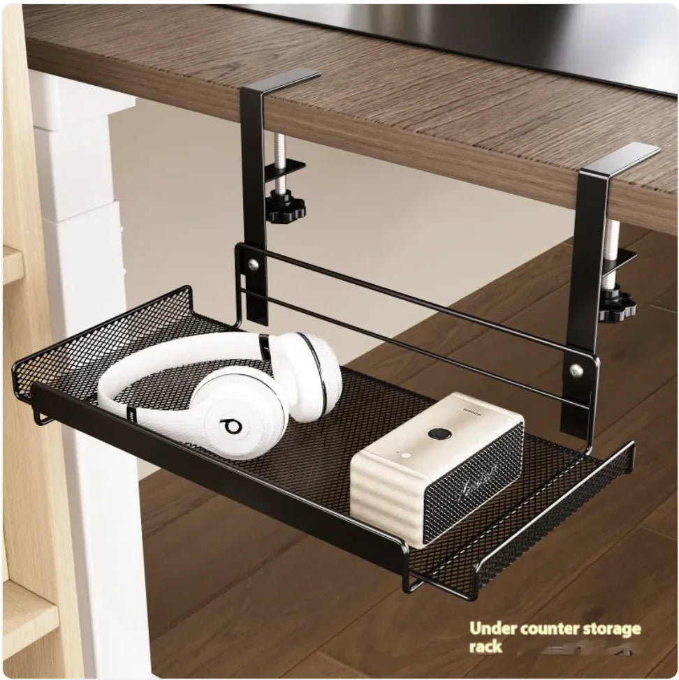 Black carbon steel under desk storage rack mounted beneath wood desk organizing a headset without drilling