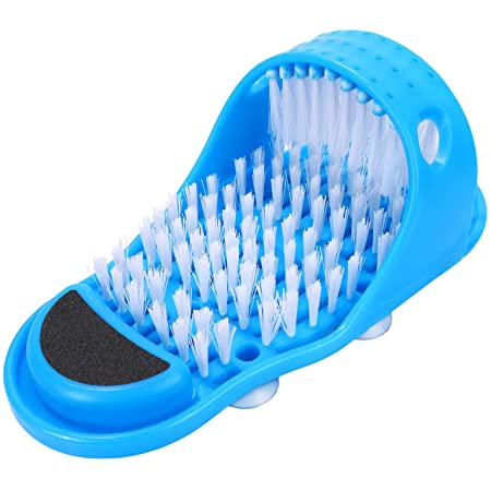 Blue foot massager bath slippers with soft bristle brushes, suction cups, and built-in pumice stone for foot cleaning and massage on a white background