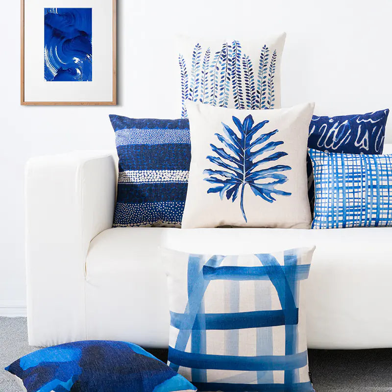 Blue minimalist geometric cotton linen cushion cover 45x45cm with Scandinavian design for modern sofa decor