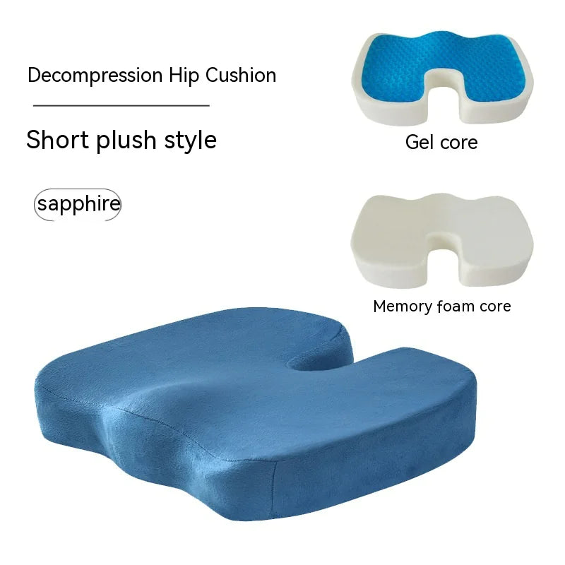 Blue plush Ergonomic memory foam office chair cushion with modern design providing lumbar and hip support for comfortable extended sitting. Decompression hip cushion with gel and memory foam cores on a white background