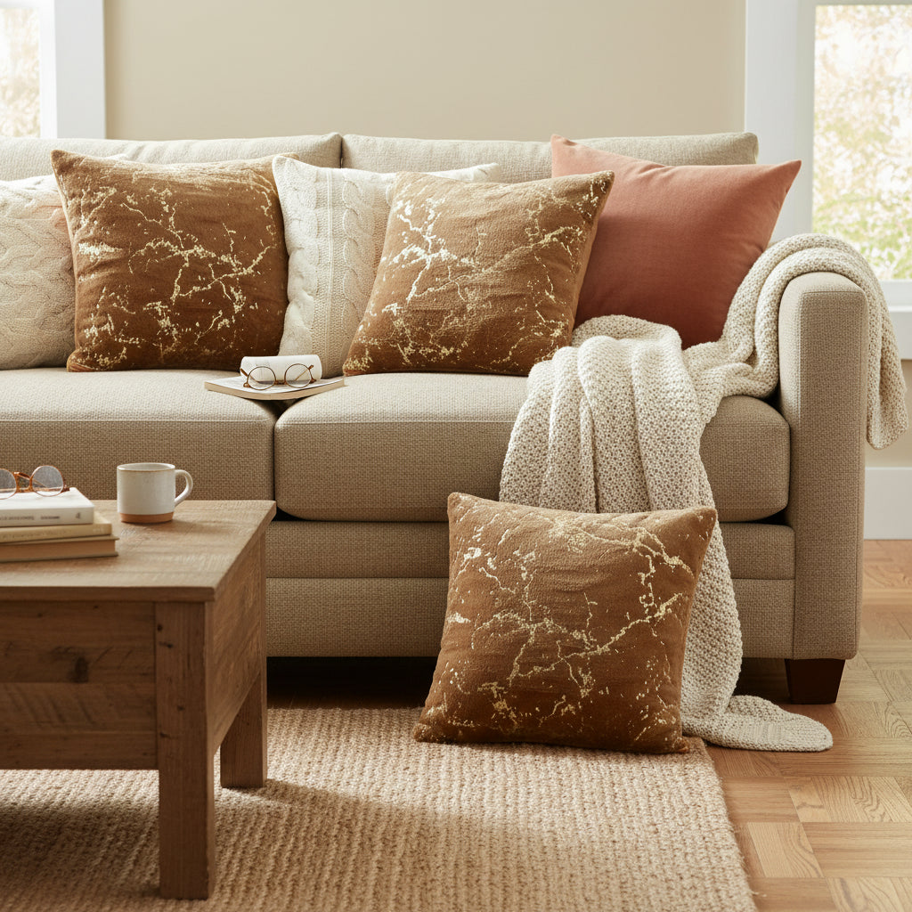 Brown Luxury plush velvet cushion cover with gold trim detail for sofa and living room decor