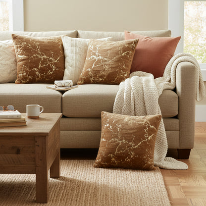 Brown Luxury plush velvet cushion cover with gold trim detail for sofa and living room decor