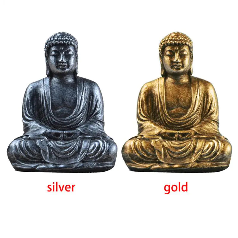 Creative resin Buddha figurine in gold and silver finishes, small meditation statue for home decor and spiritual decoration, 6.3cm Buddhist ornament