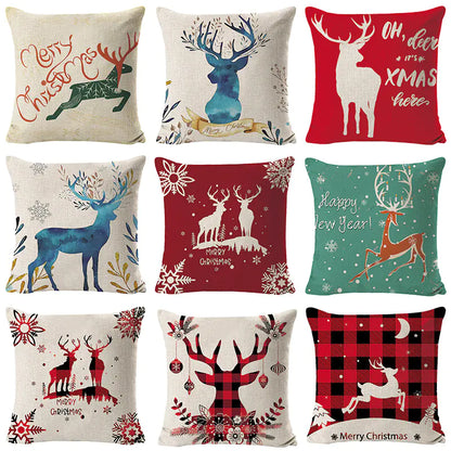 Christmas elk print linen pillow cover in festive holiday design, 45x45cm square cushion cover with seasonal elk pattern for home decor