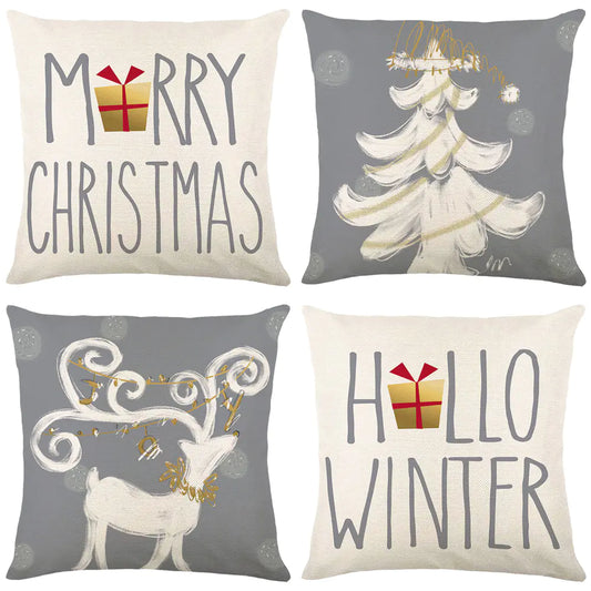 Christmas linen pillow cover 45x45cm, festive holiday decorative throw pillowcase with artistic design for sofa couch bed home decor