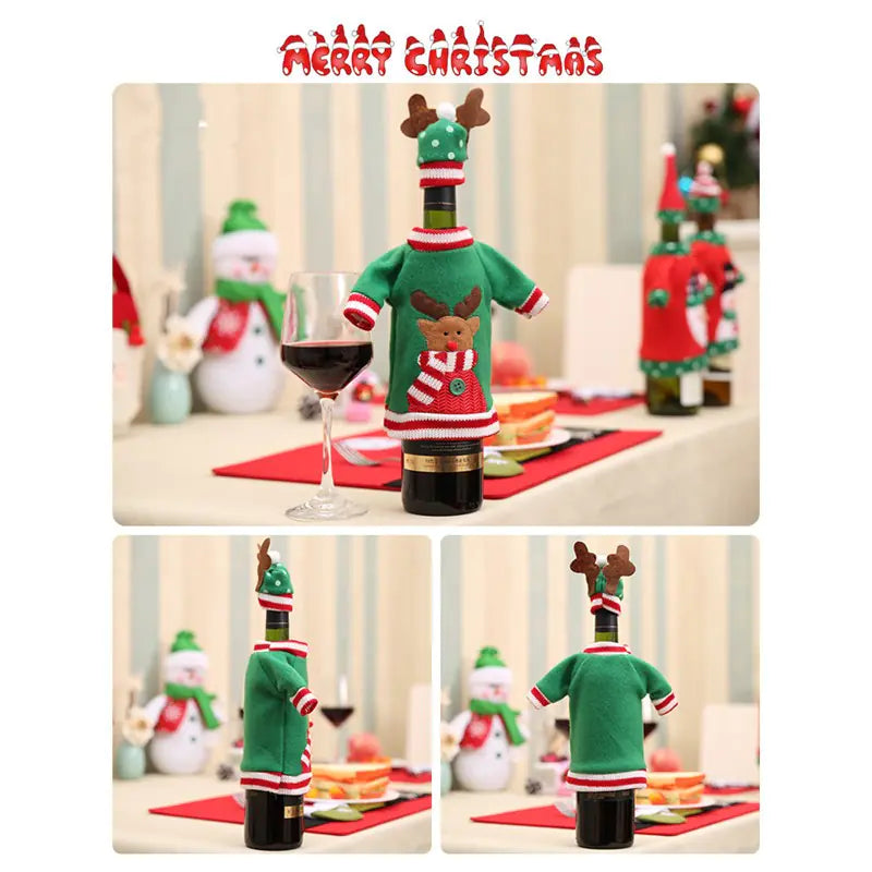 Christmas reindeer theme wine bottle cover red embroidery in a table setting