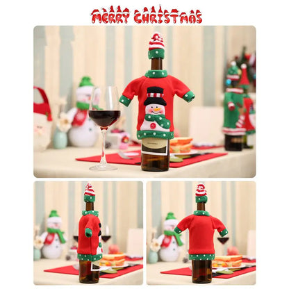 Christmas themed wine bottle cover with a snowman design on a festive table setting.