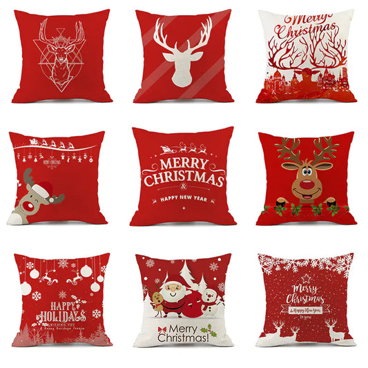 Christmas variety festive printed linen cushion in red with holiday designs, 45x45cm square decorative throw pillow filled with PP cotton for sofa and bed