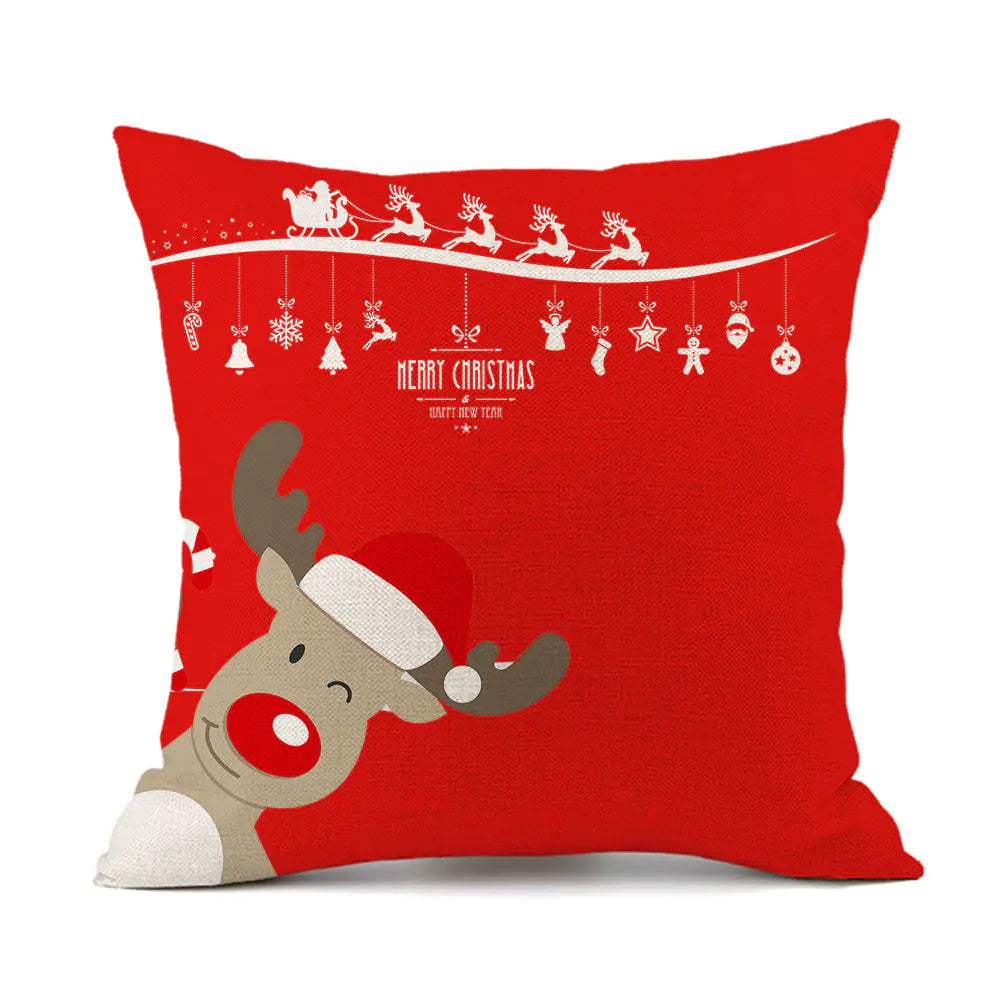 Christmas variety festive printed linen cushion in red with holiday designs, 45x45cm square decorative throw pillow filled with PP cotton for sofa and bed 5