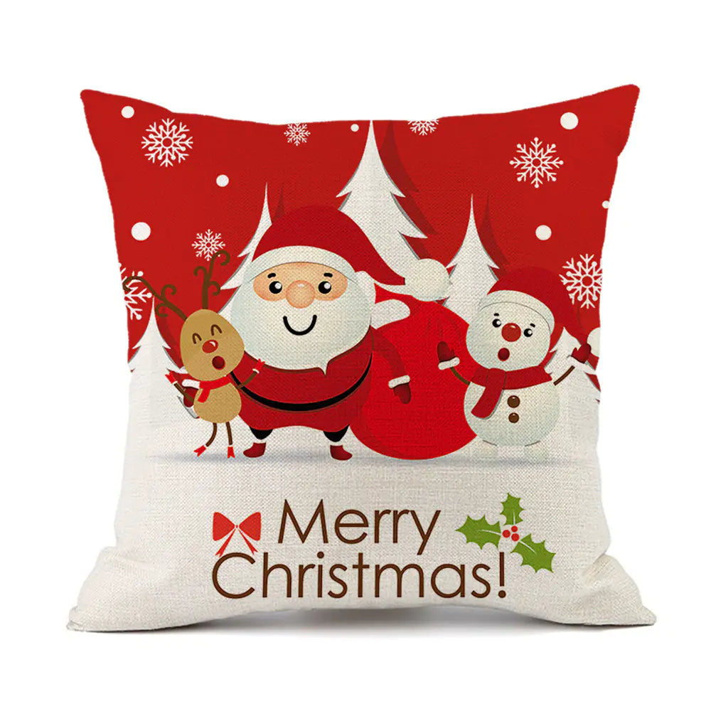 Christmas variety festive printed linen cushion in red with holiday designs, 45x45cm square decorative throw pillow filled with PP cotton for sofa and bed 6