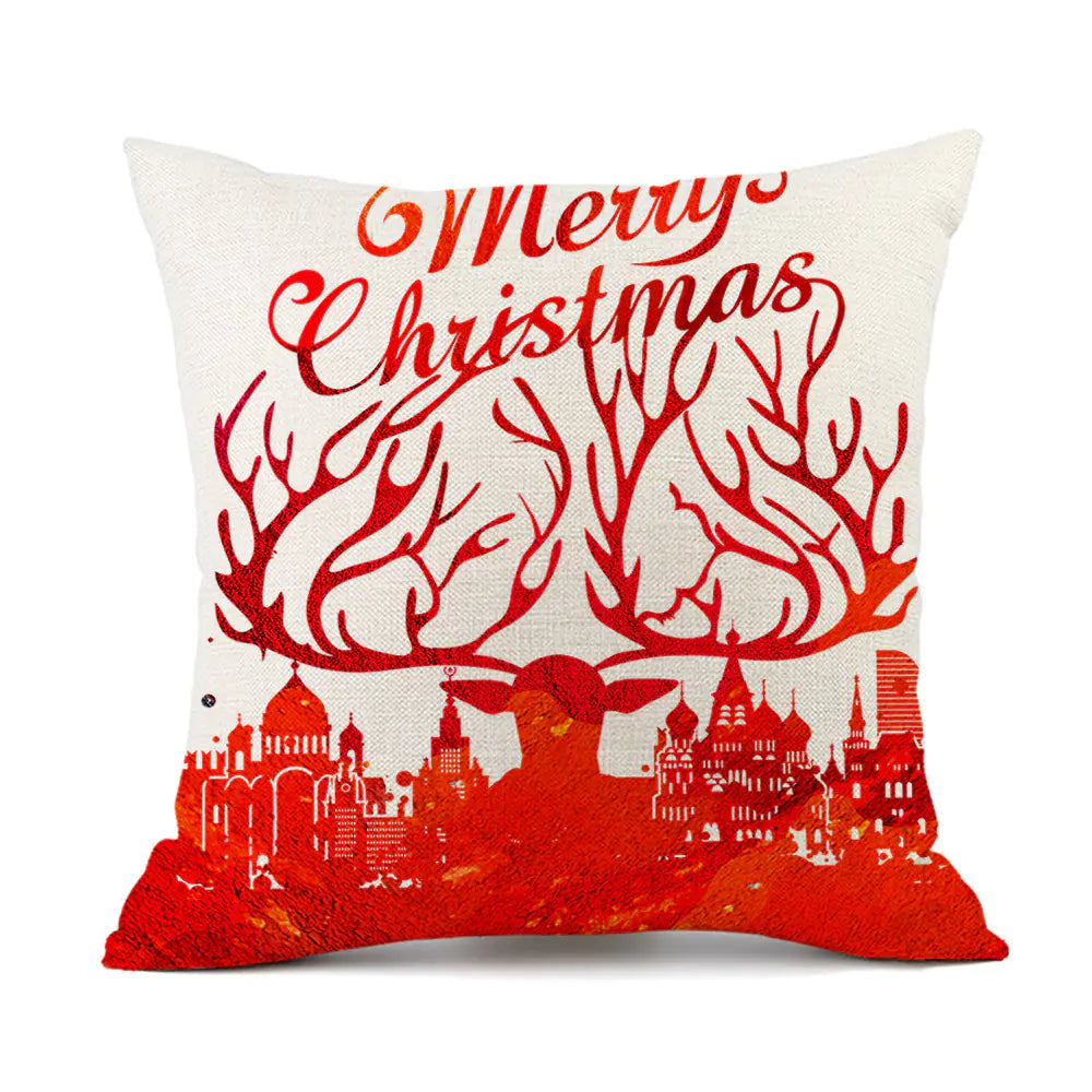 Christmas variety festive printed linen cushion in red with holiday designs, 45x45cm square decorative throw pillow filled with PP cotton for sofa and bed 8