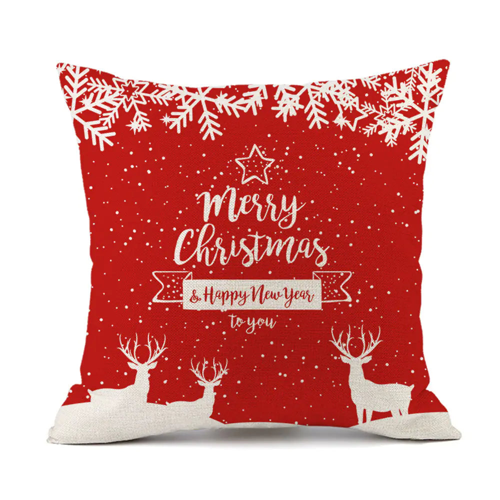 Christmas variety festive printed linen cushion in red with holiday designs, 45x45cm square decorative throw pillow filled with PP cotton for sofa and bed 9