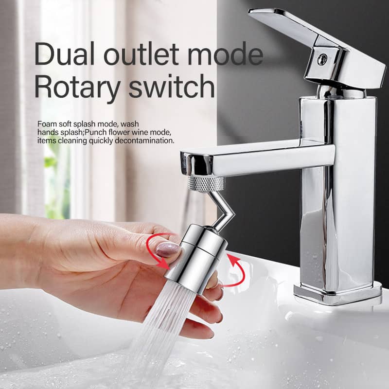 Chrome universal rotating faucet splash guard filter with water flowing down a sink.