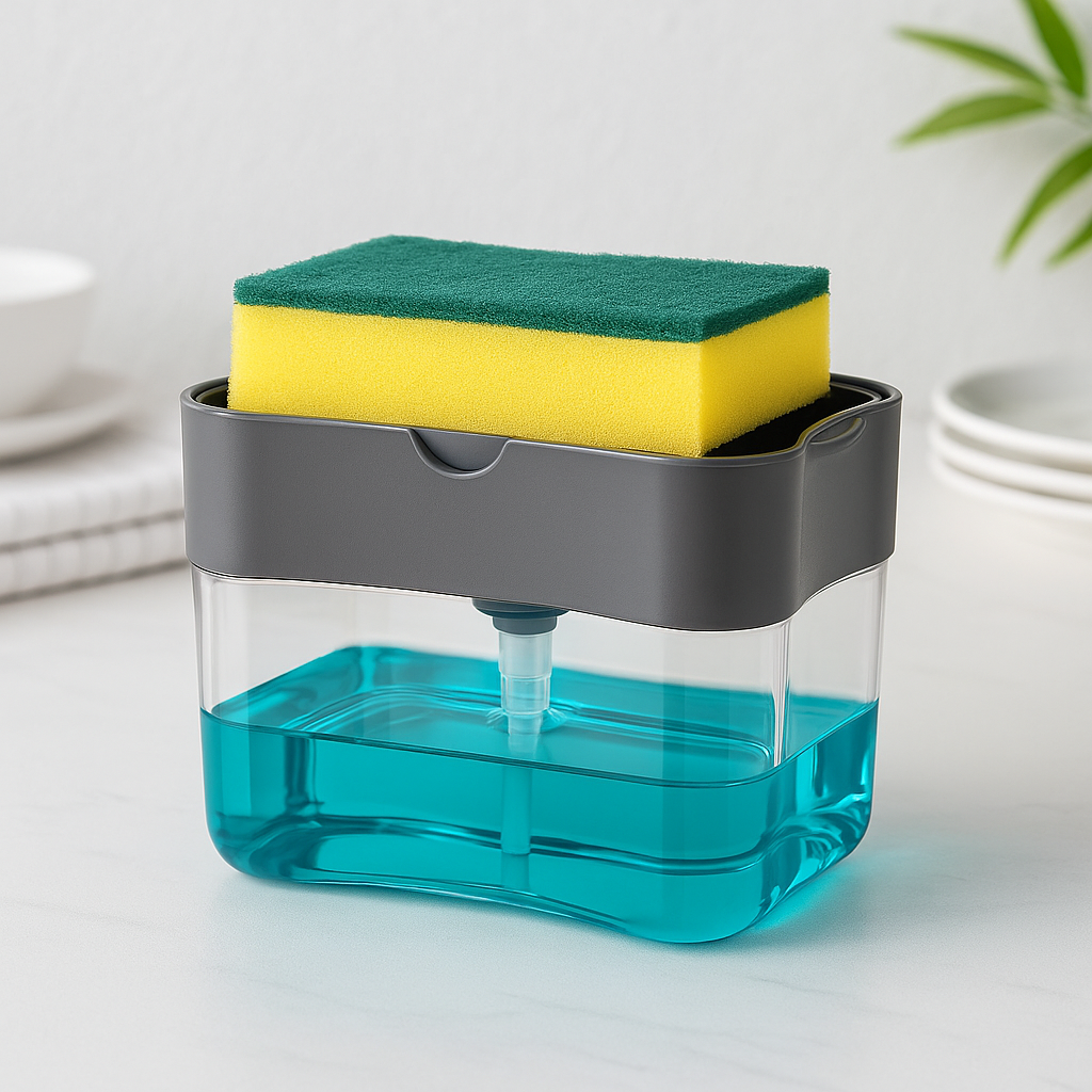 Cleaning caddy with sponge and blue liquid dish washing soap on a white surface. Compact kitchen cleaning accessory soap and sponge organizer
