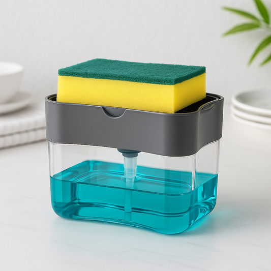 Cleaning caddy with sponge and blue liquid dish washing soap on a white surface. Compact kitchen cleaning accessory soap and sponge organizer