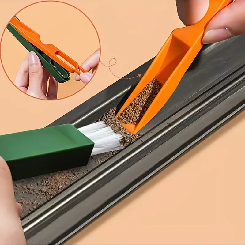 Cleaning tool with orange handle and white bristle brush cleaning a window track.