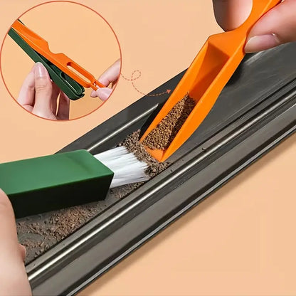 Cleaning tool with orange handle and white bristle brush cleaning a window track.