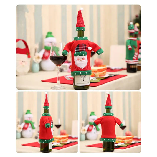 Collage of Christmas themed wine bottle cover with Santa Claus design on a festive table setting.