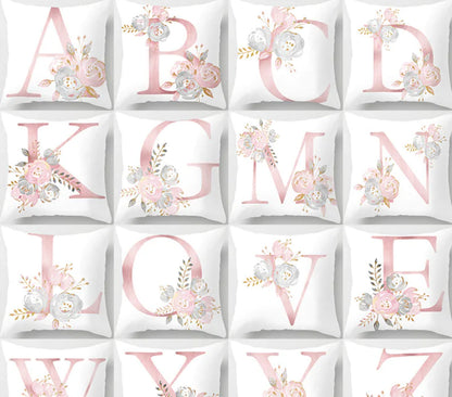 Collection Pink letter pillow cover with floral pattern, 45x45cm personalized initial cushion case for home decor