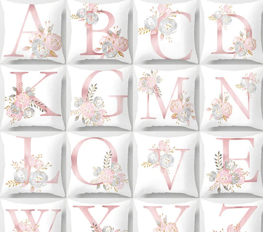 Collection Pink letter pillow cover with floral pattern, 45x45cm personalized initial cushion case for home decor