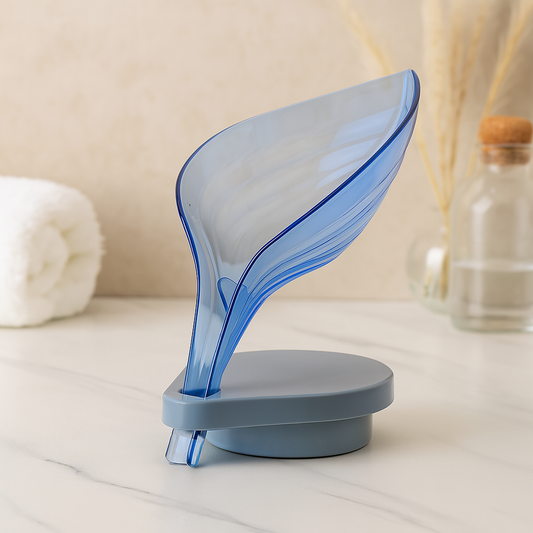 Decorative blue soap holder that keeps soap dry and mess free