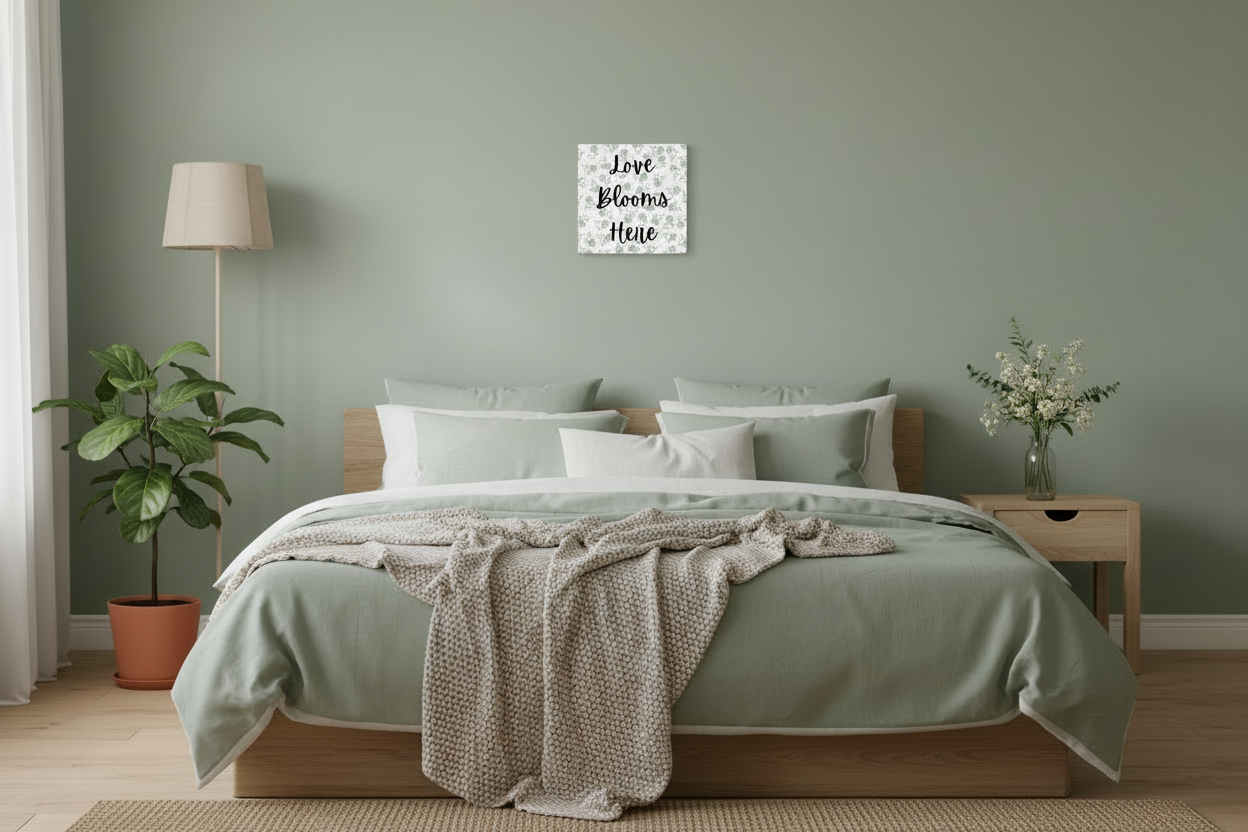 Exclusive design Love Blooms Here floral printed canvas wall art 12x12 inches, modern botanical print and quote, ready to hang canvas for bedroom or living room decor. Grey - Bedroom