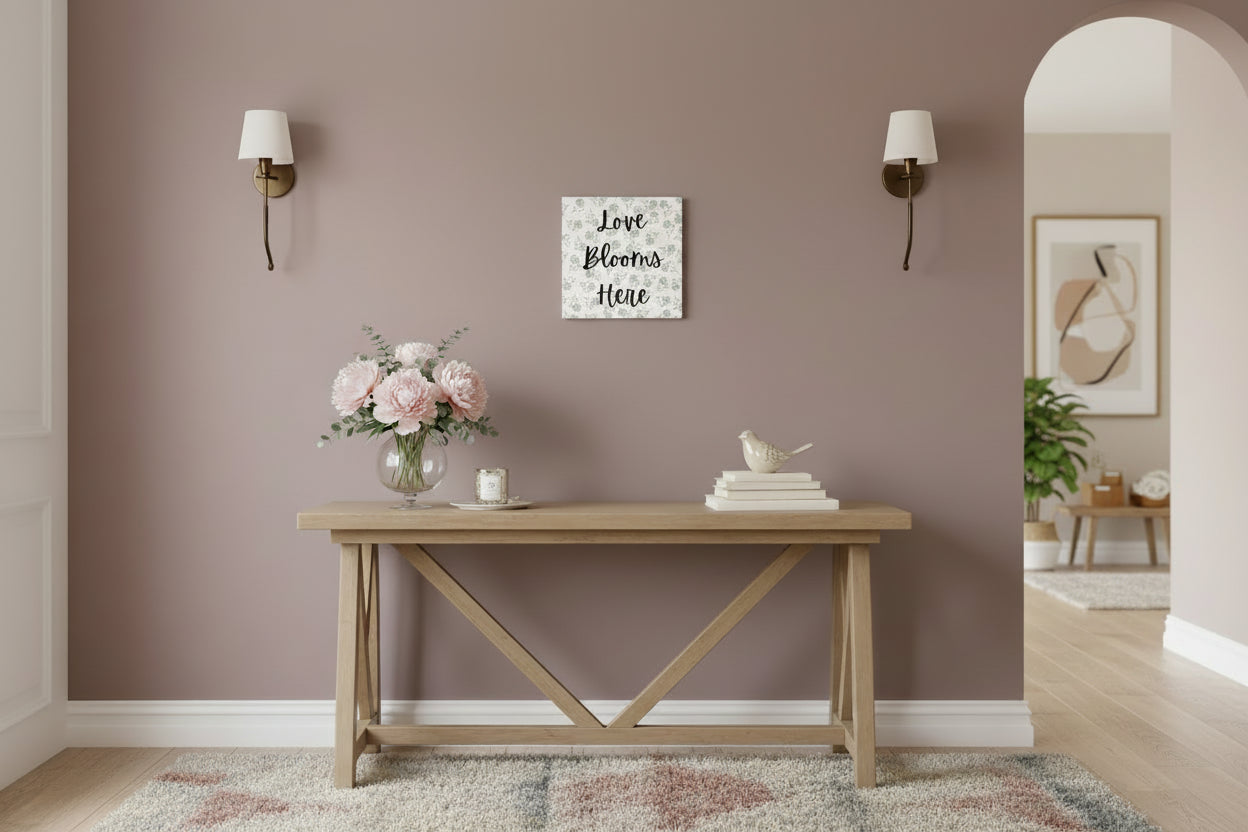 Exclusive design Love Blooms Here floral printed canvas wall art 12x12 inches, modern botanical print and quote, ready to hang canvas for bedroom or living room decor. Grey - Hallway