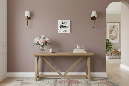 Exclusive design Love Blooms Here floral printed canvas wall art 12x12 inches, modern botanical print and quote, ready to hang canvas for bedroom or living room decor. Grey - Hallway