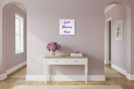Exclusive design Love Blooms Here floral printed canvas wall art 12x12 inches, modern botanical print and quote, ready to hang canvas for bedroom or living room decor. Pink and Purple - Hallway