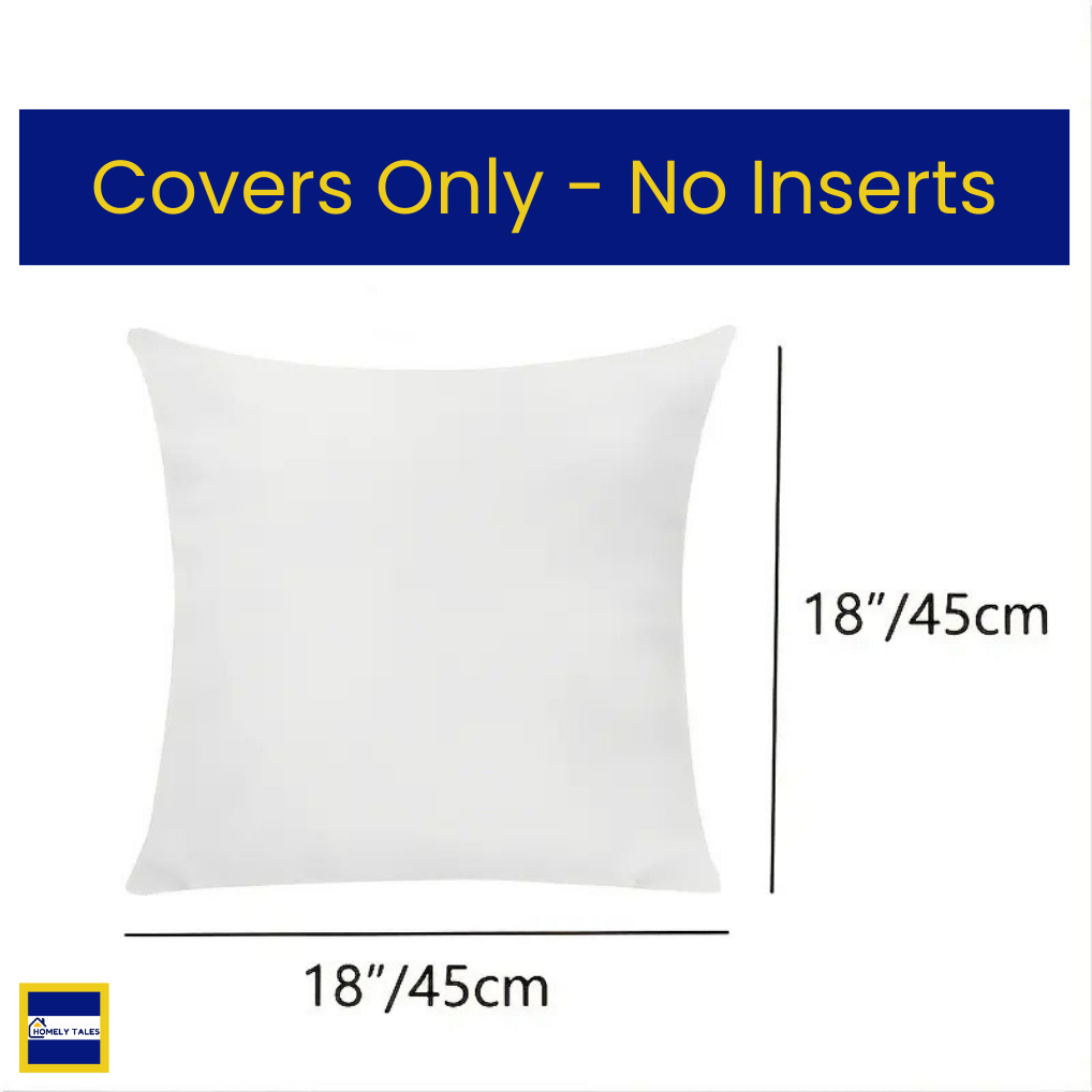 White pillow cover with dimensions 18"x 18" (45cm x 45cm) on a white background