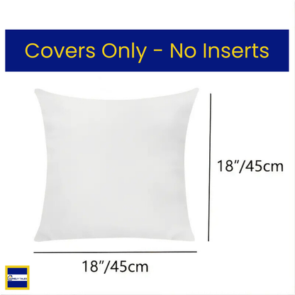 White pillow cover with dimensions 18"x 18" (45cm x 45cm) on a white background