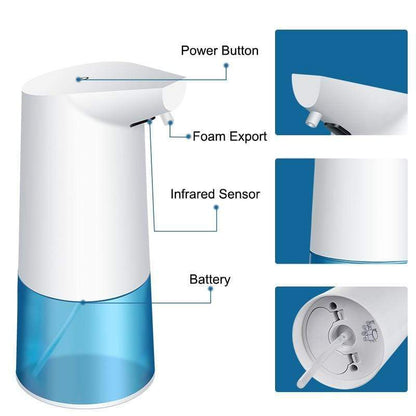 Foam soap dispenser with labelled parts on a white background