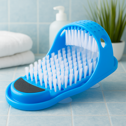 Foot massager bath slippers with soft bristle brushes, suction cups, and built-in pumice stone for foot cleaning and massage