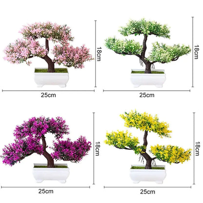 Four artificial bonsai trees with different coloured flowers and dimensions shown.