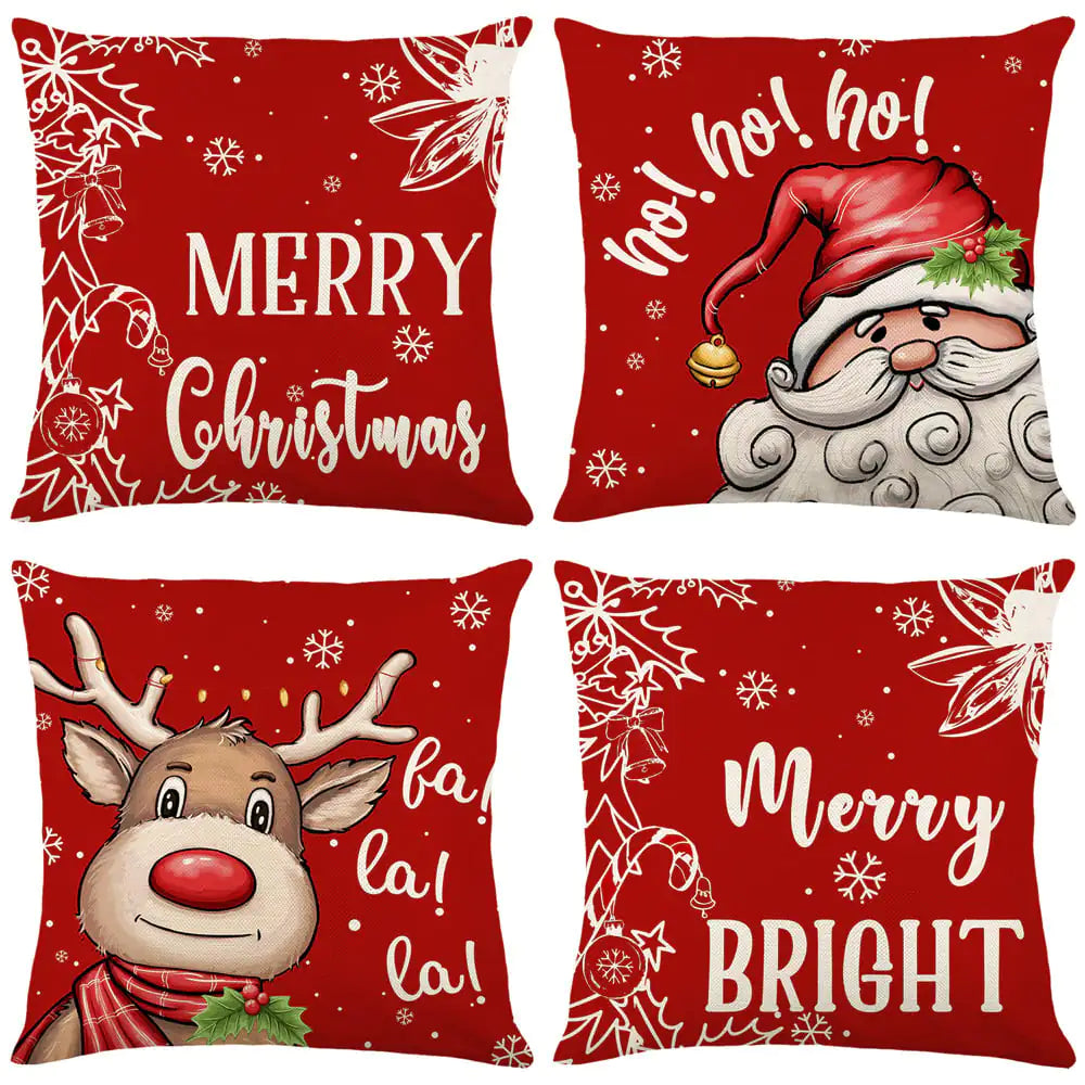 Four festive designed linen cushion covers for Christmas decor displayed together
