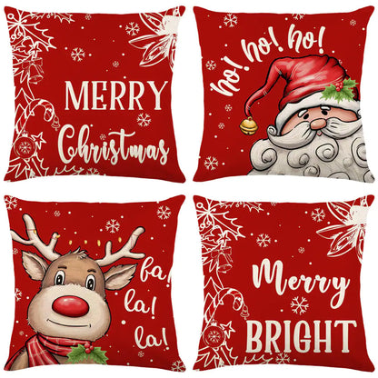 Four festive designed linen cushion covers for Christmas decor displayed together
