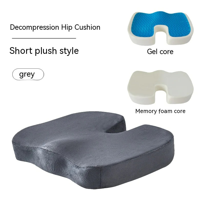 Grey plush Ergonomic memory foam office chair cushion with modern design providing lumbar and hip support for comfortable extended sitting. Decompression hip cushion with gel and memory foam cores on a white background