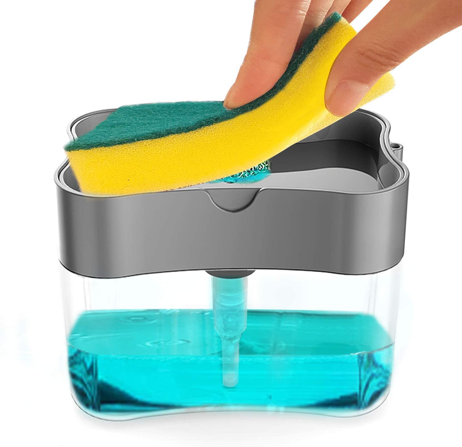 Grey sponge holder with a yellow and green sponge, blue dish washing soap liquid, and a hand lifting the sponge.