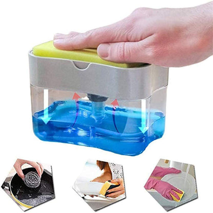 Hand holding a cleaning tool with a transparent container filled with blue liquid, surrounded by images of cleaning actions.