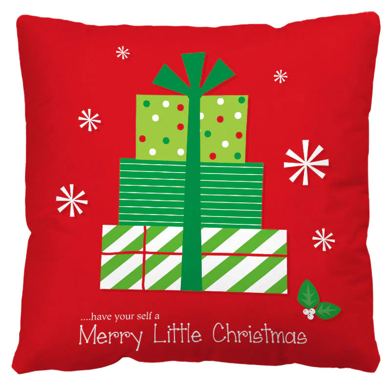 Red pillow with green and white gift box design and 'Have Yourself a Merry Little Christmas' text