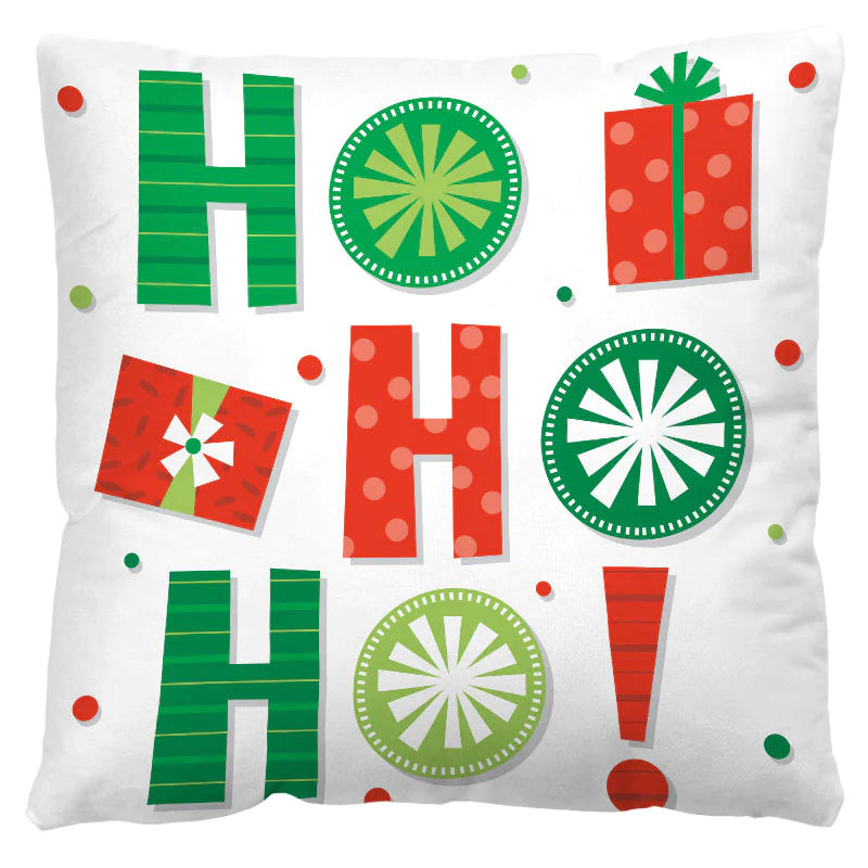 Decorative pillow with Christmas themed text "Ho! Ho! Ho!"and graphics on a white background