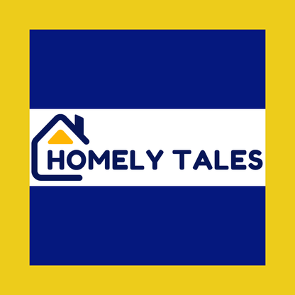 Logo of 'Homely Tales' with a blue and yellow design on a yellow background