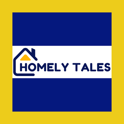 Logo of 'Homely Tales' with a blue and yellow background